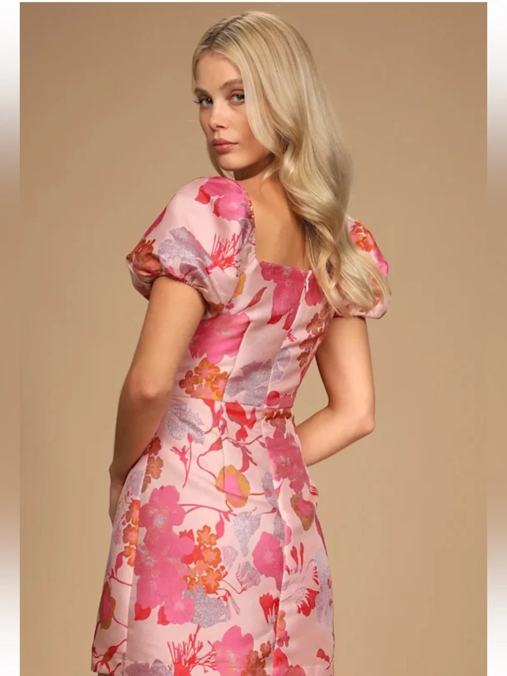 NWT Lulu's Pink & Coral Floral Puff-Sleeve Mini Dress - Picture 4 of 11
